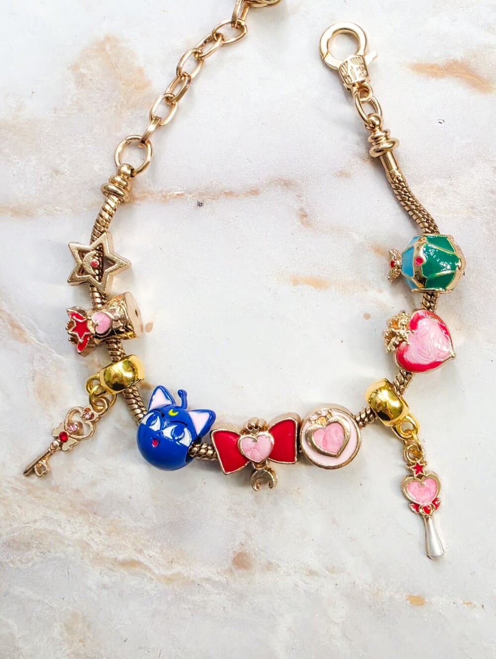 Sailor Moon Inspired Charm Bracelet Pink Heart Wand Anime Jewelry